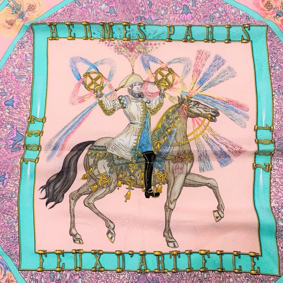 VINTAGE ROSE HERMES SILK SCARF FEUX D’ ARTIFICE M. - Picture 3 of 6